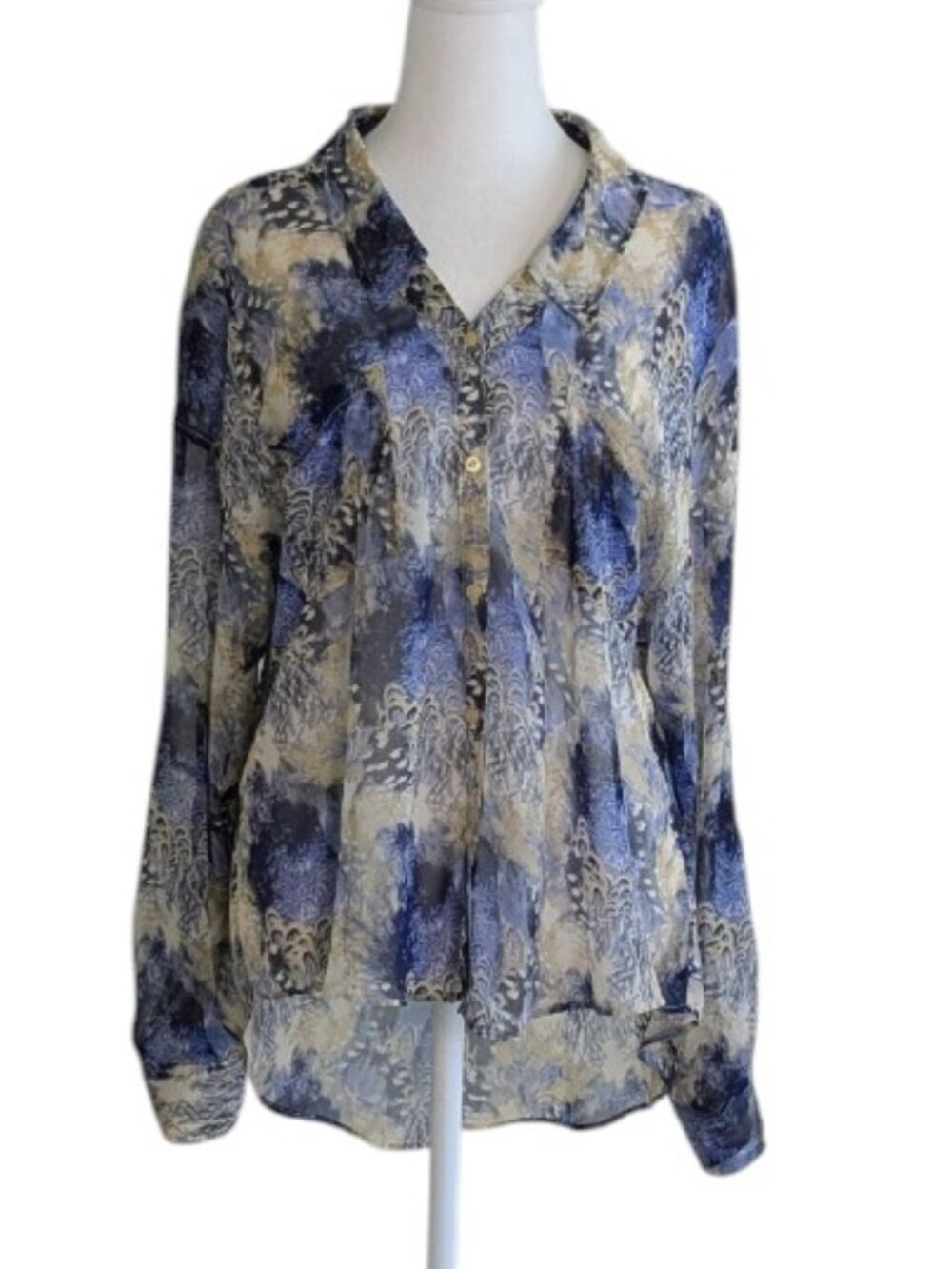 FREE PEOPLE Women's Hi Low Hem Long Roll Tab Sleeve Blouse Top Size M Blue Print